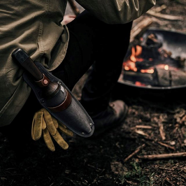"Multi-Purpose Hori Hori Garden Knife with stainless steel blade and walnut handle for camping, foraging, and gardening."