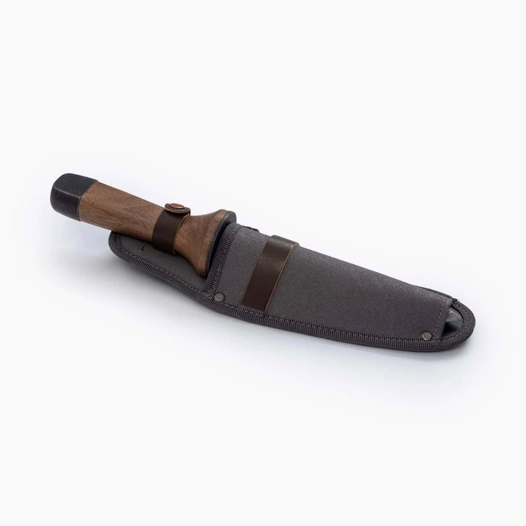 "Multi-Purpose Hori Hori Garden Knife with stainless steel blade and walnut handle for camping, foraging, and gardening."