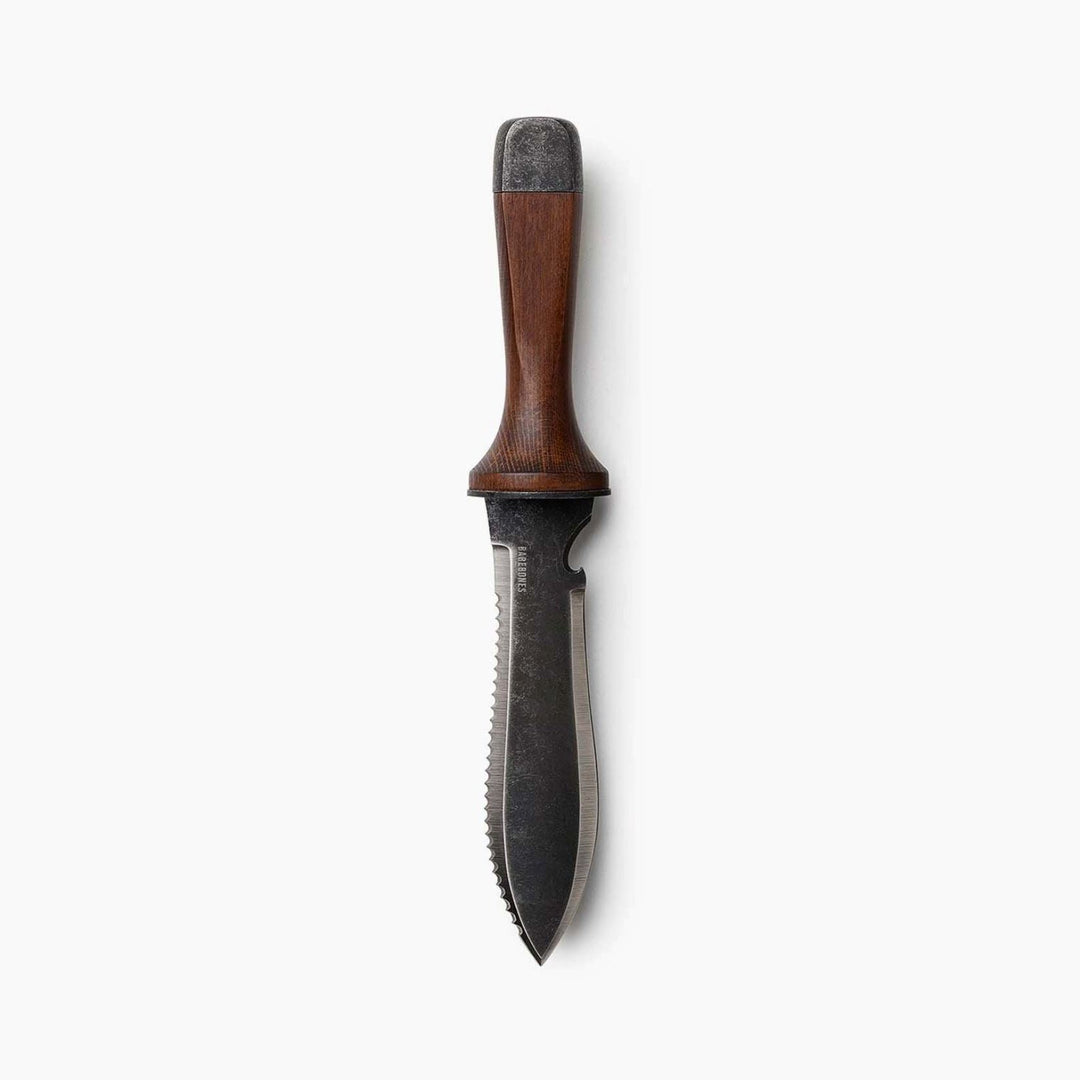 "Multi-Purpose Hori Hori Garden Knife with stainless steel blade and walnut handle for camping, foraging, and gardening."