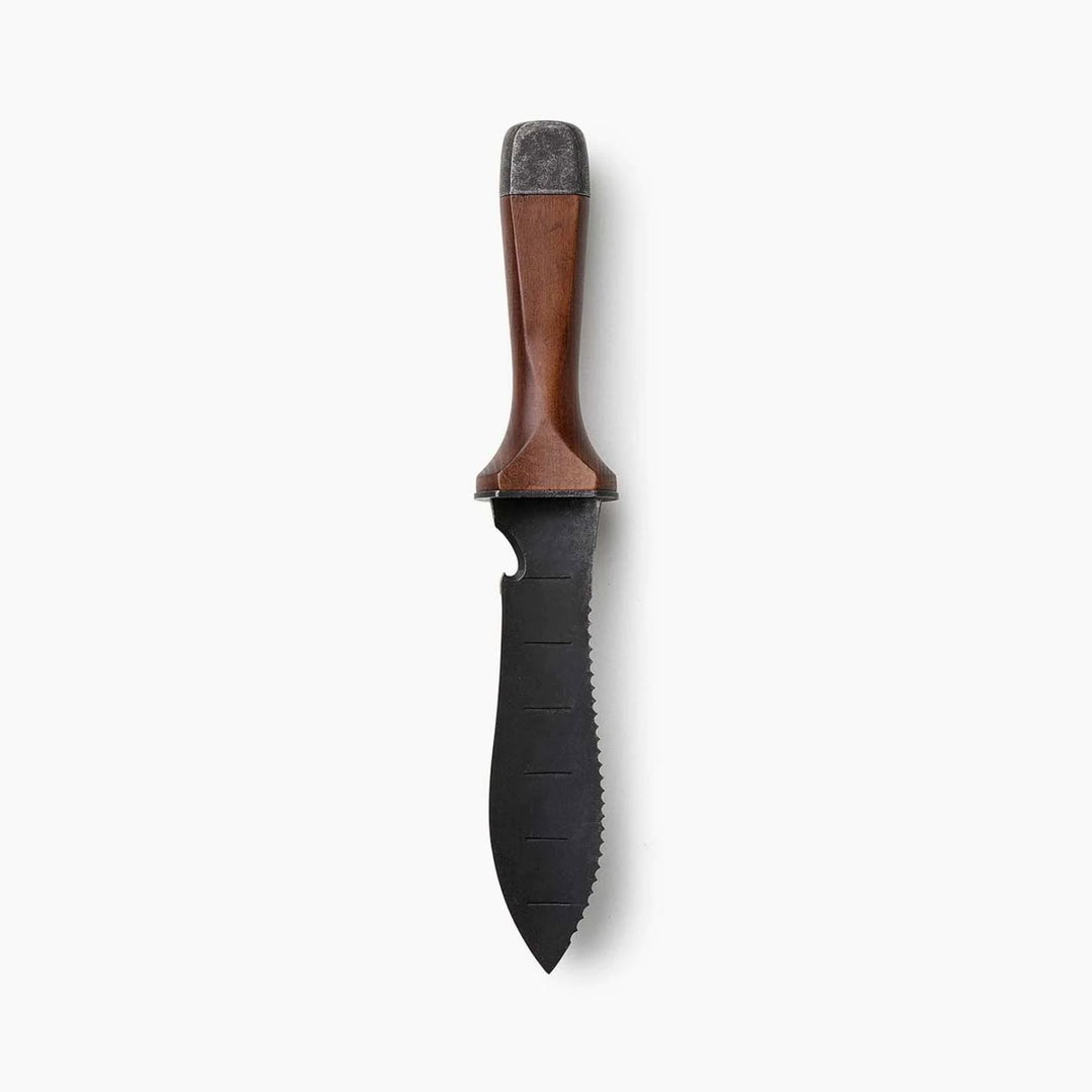 "Multi-Purpose Hori Hori Garden Knife with stainless steel blade and walnut handle for camping, foraging, and gardening."