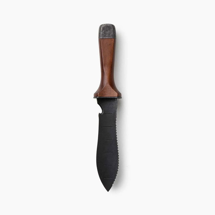 "Multi-Purpose Hori Hori Garden Knife with stainless steel blade and walnut handle for camping, foraging, and gardening."