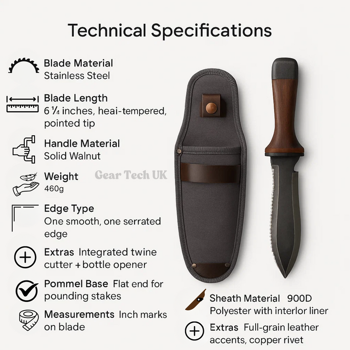 "Multi-Purpose Hori Hori Garden Knife with stainless steel blade and walnut handle for camping, foraging, and gardening."