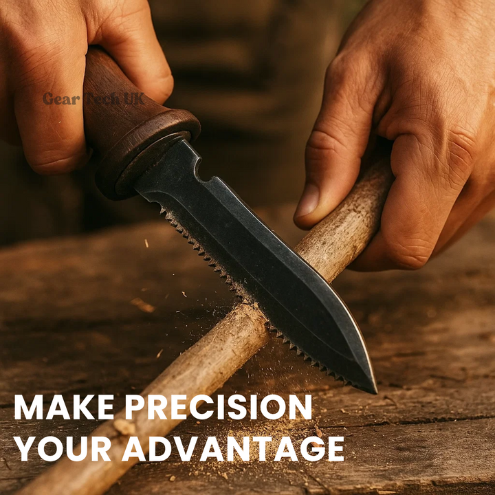 "Multi-Purpose Hori Hori Garden Knife with stainless steel blade and walnut handle for camping, foraging, and gardening."
