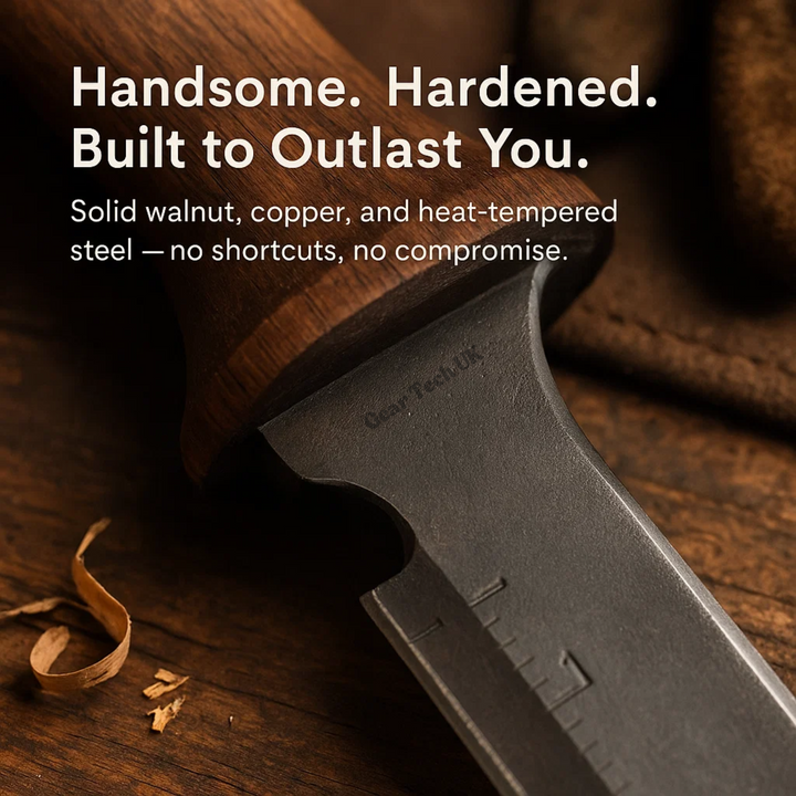 "Multi-Purpose Hori Hori Garden Knife with stainless steel blade and walnut handle for camping, foraging, and gardening."