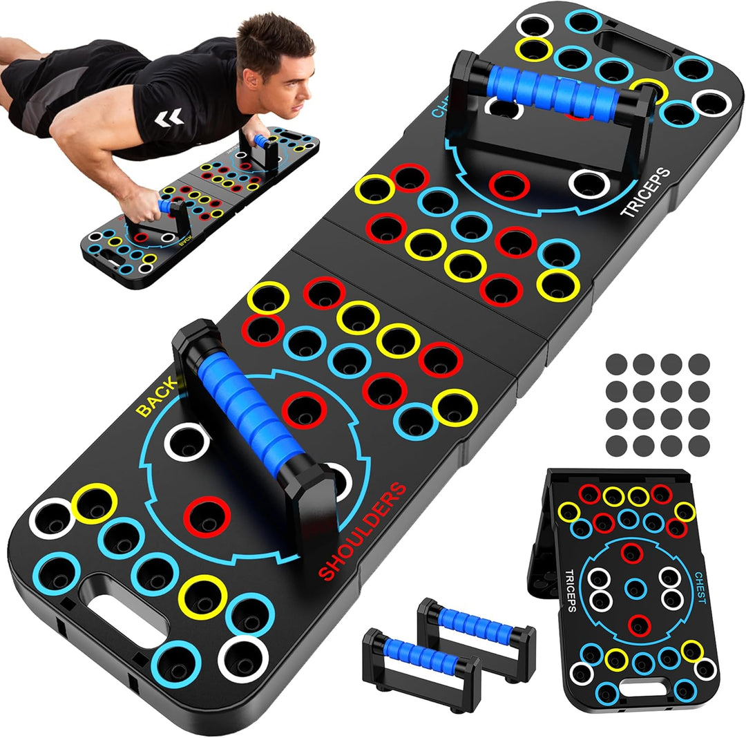 Multifunctional push-up board with color-coded zones for chest, shoulders, and triceps; compact, durable, and portable design