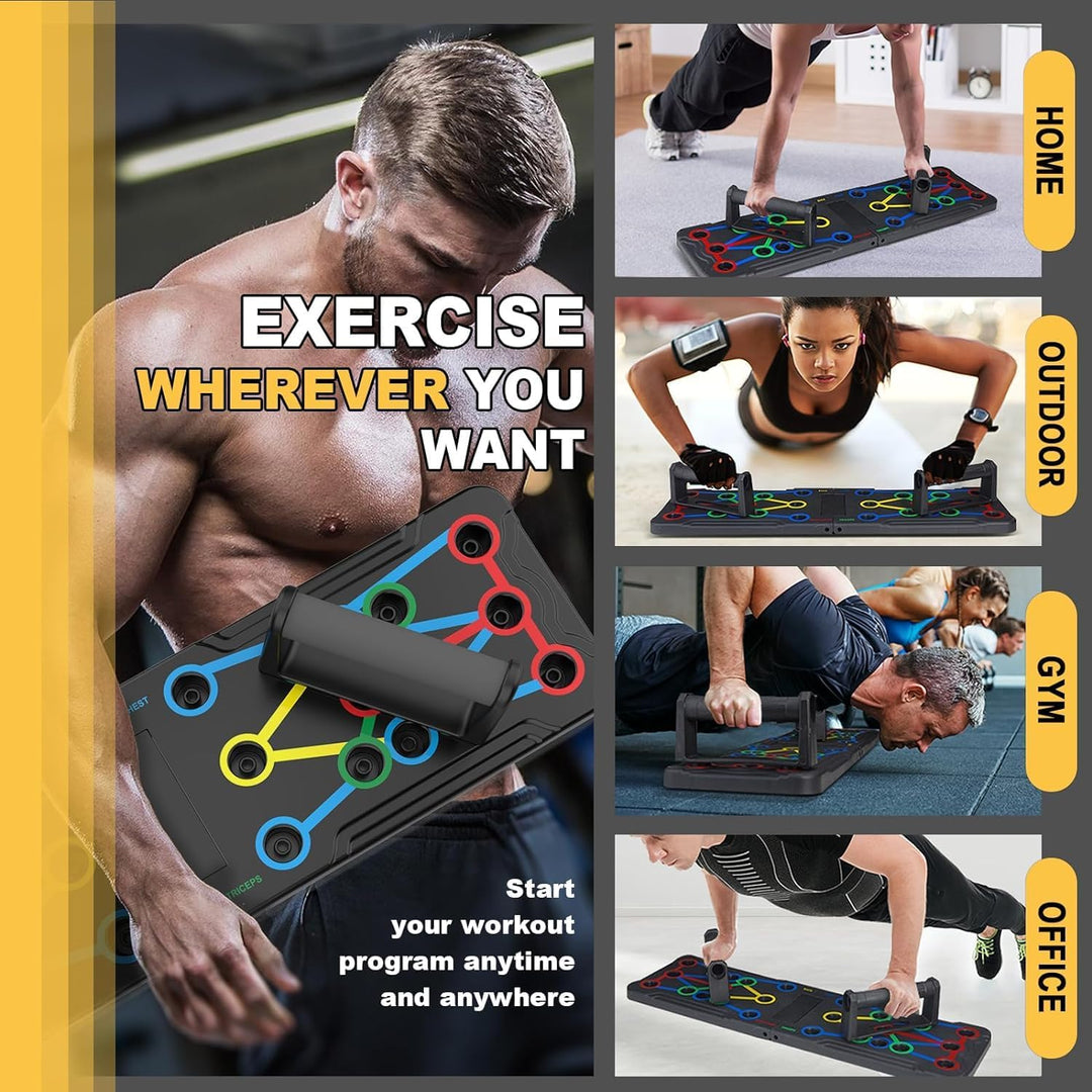 Multifunctional push-up board with color-coded zones for chest, shoulders, and triceps; compact, durable, and portable design