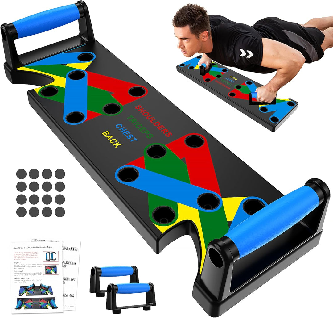 Multifunctional push-up board with color-coded zones for chest, shoulders, and triceps; compact, durable, and portable design