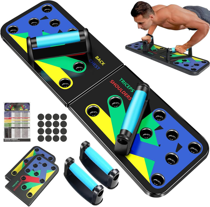 Multifunctional push-up board with color-coded zones for chest, shoulders, and triceps; compact, durable, and portable design