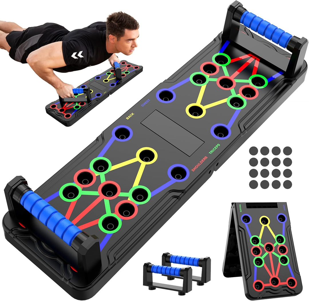 Multifunctional push-up board with color-coded zones for chest, shoulders, and triceps; compact, durable, and portable design