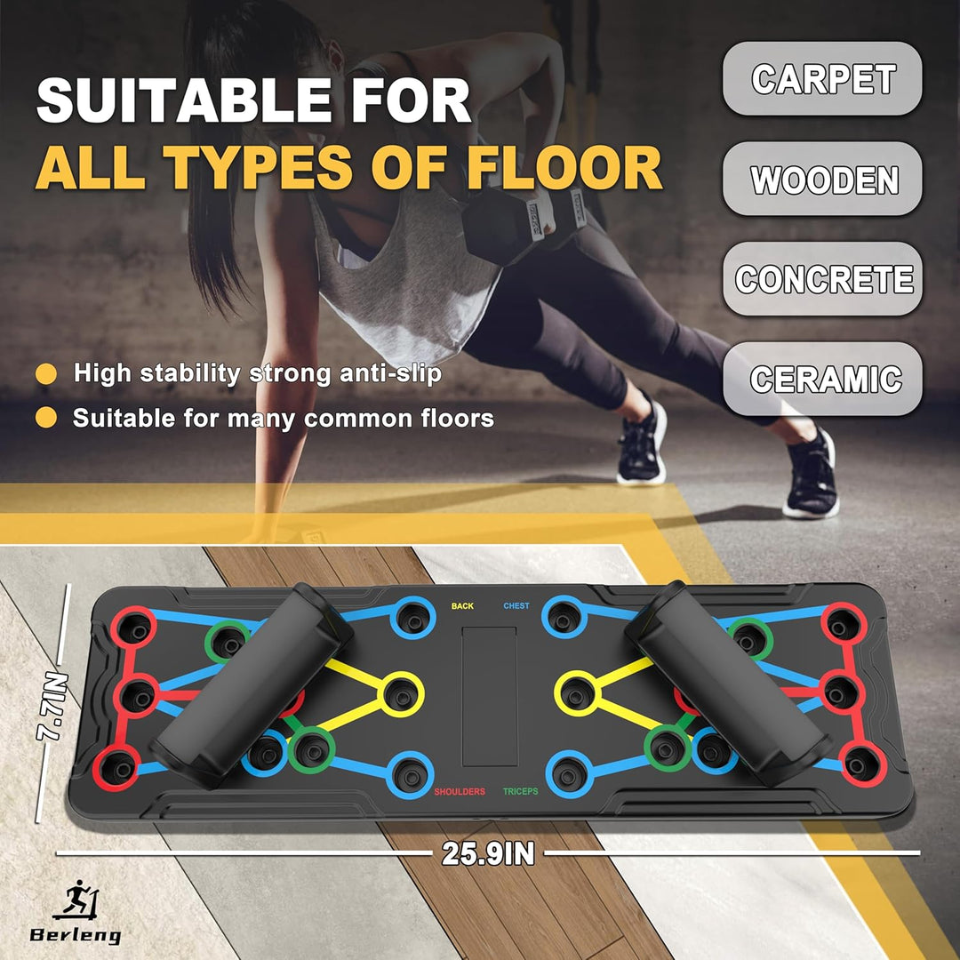 Multifunctional push-up board with color-coded zones for chest, shoulders, and triceps; compact, durable, and portable design