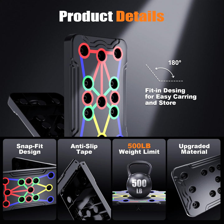 Multifunctional push-up board with color-coded zones for chest, shoulders, and triceps; compact, durable, and portable design