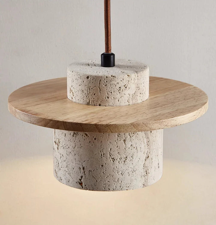 "Natural travertine stone and wood hanging light with adjustable cord, ideal for modern home interiors, features warm LED lig