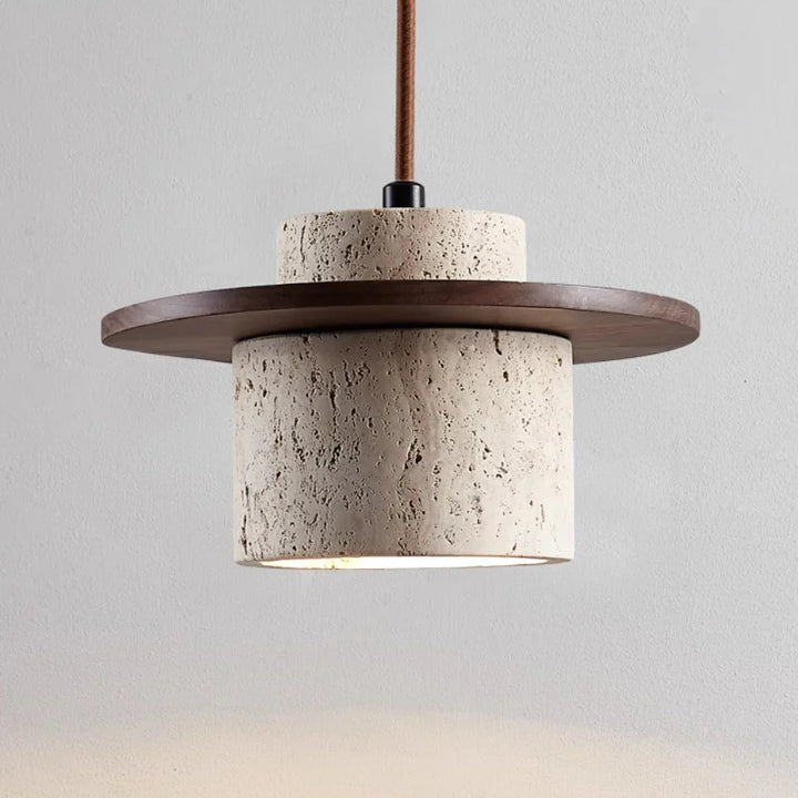 "Natural travertine stone and wood hanging light with adjustable cord, ideal for modern home interiors, features warm LED lig