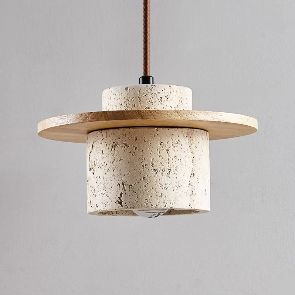"Natural travertine stone and wood hanging light with adjustable cord, ideal for modern home interiors, features warm LED lig