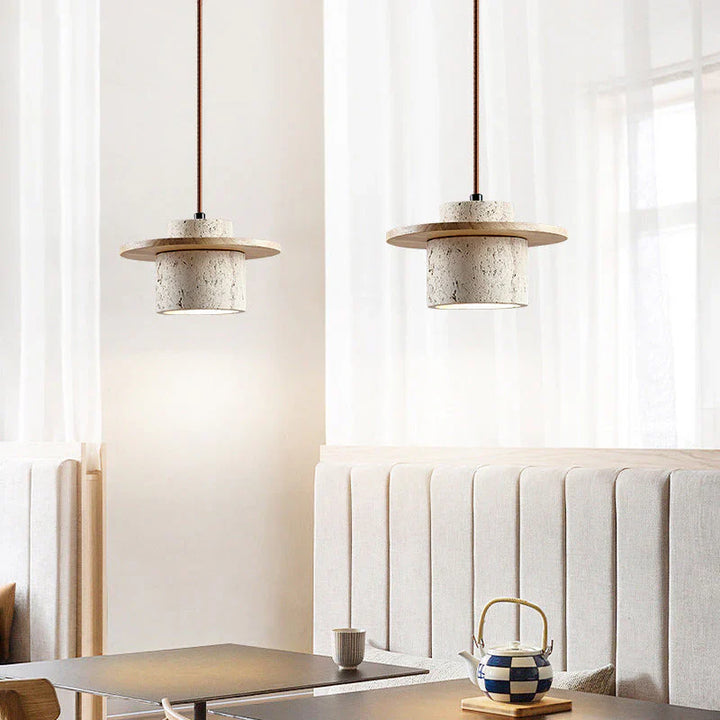 "Natural travertine stone and wood hanging light with adjustable cord, ideal for modern home interiors, features warm LED lig