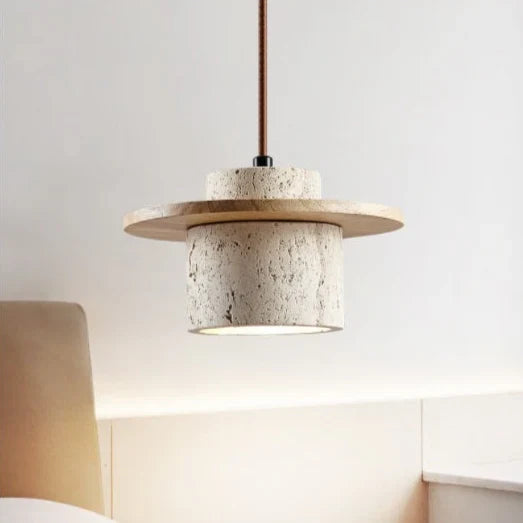 "Natural travertine stone and wood hanging light with adjustable cord, ideal for modern home interiors, features warm LED lig