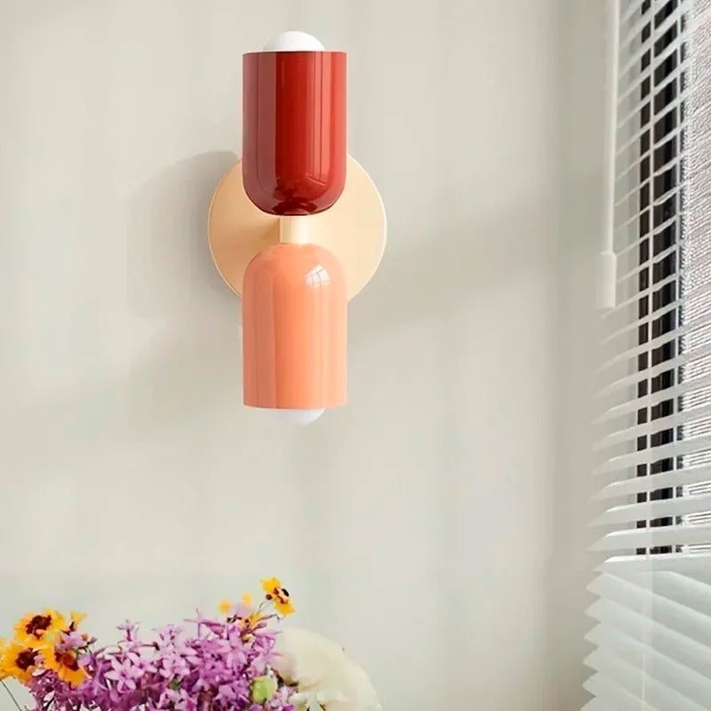 Nordic double-headed LED wall lamp with minimalist design, cozy ambiance, ideal for living room or bedroom accent lighting.
