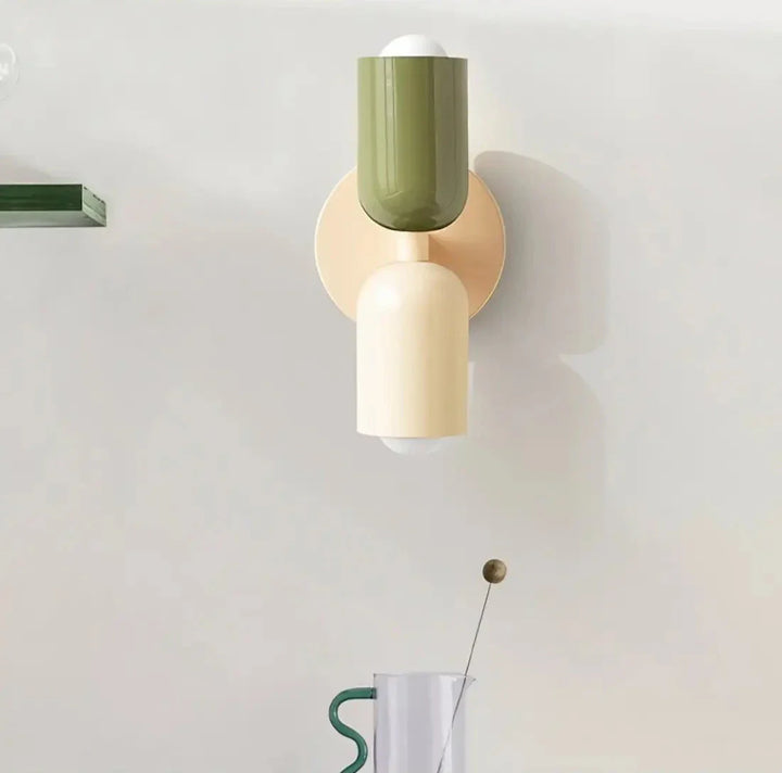 Nordic double-headed LED wall lamp with minimalist design, cozy ambiance, ideal for living room or bedroom accent lighting.
