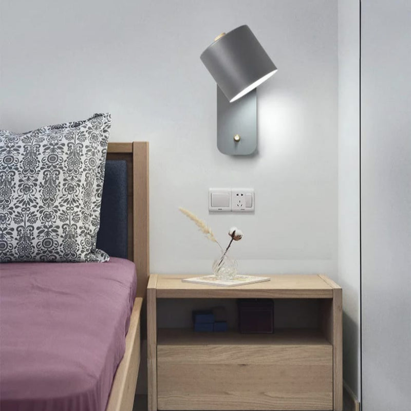 Nordic LED Wall Sconce with switch, sleek design, green color, metal and wood, contemporary lighting, minimalist elegance.