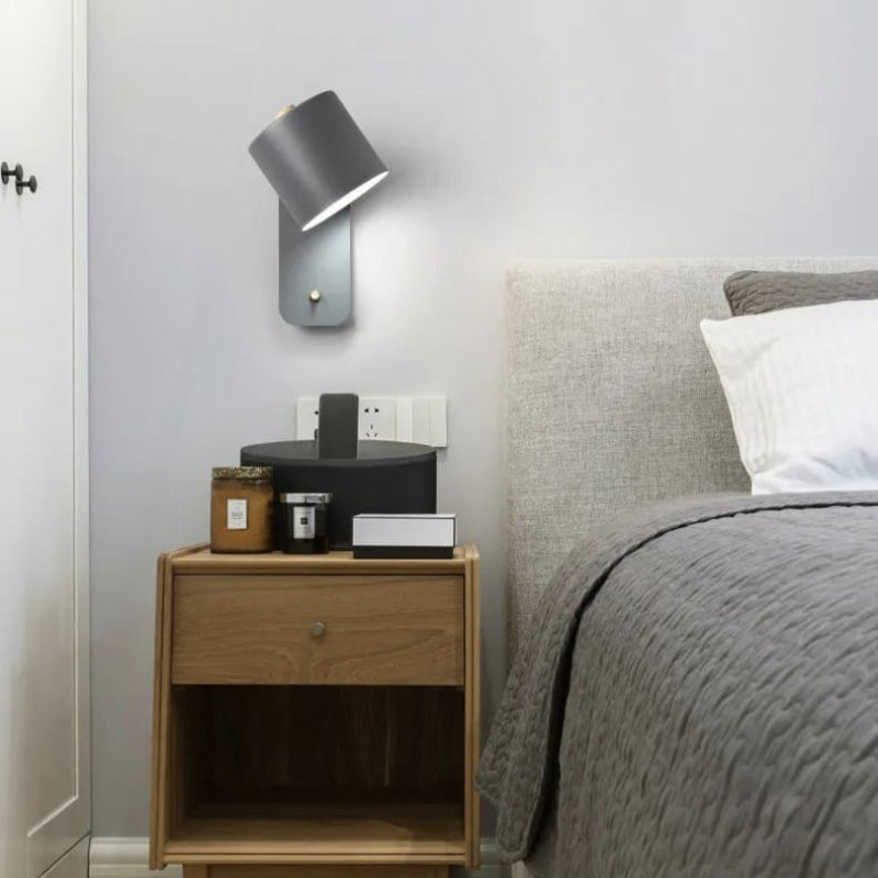 Nordic LED Wall Sconce with switch, sleek design, green color, metal and wood, contemporary lighting, minimalist elegance.
