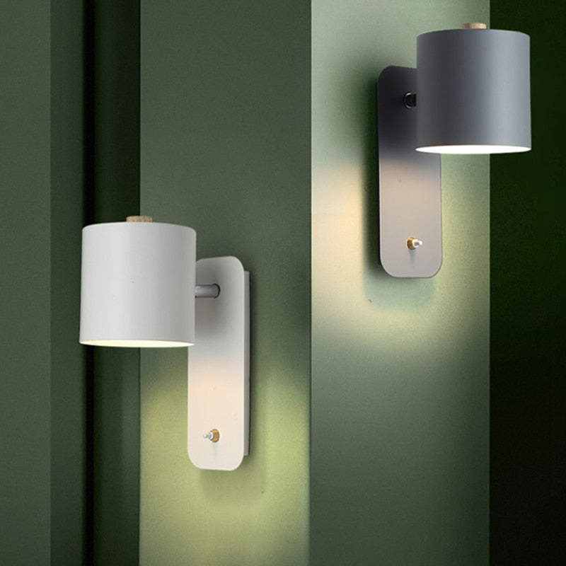 Nordic LED Wall Sconce with switch, sleek design, green color, metal and wood, contemporary lighting, minimalist elegance.