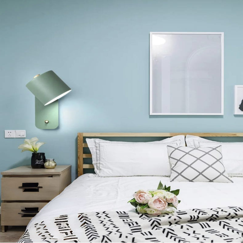 Nordic LED Wall Sconce with switch, sleek design, green color, metal and wood, contemporary lighting, minimalist elegance.