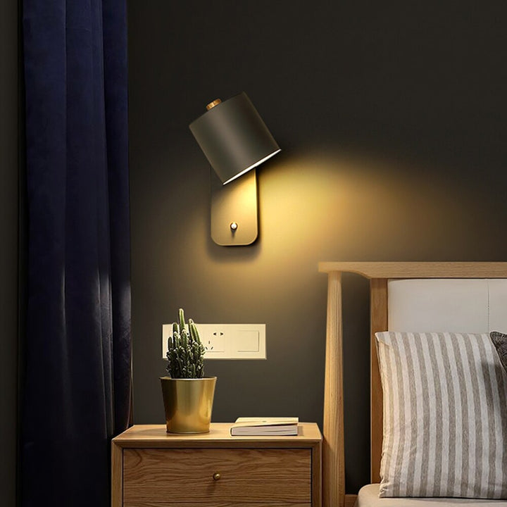 Nordic LED Wall Sconce with switch, sleek design, green color, metal and wood, contemporary lighting, minimalist elegance.