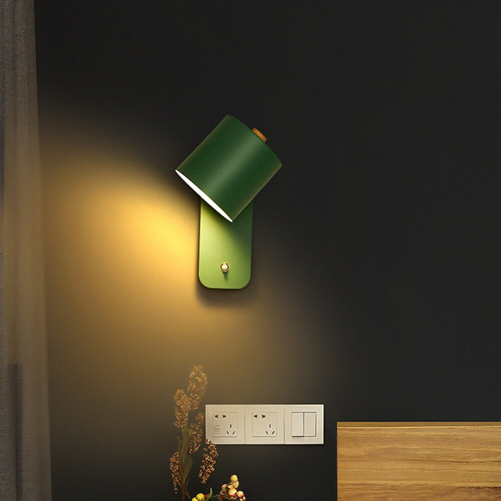 Nordic LED Wall Sconce with switch, sleek design, green color, metal and wood, contemporary lighting, minimalist elegance.