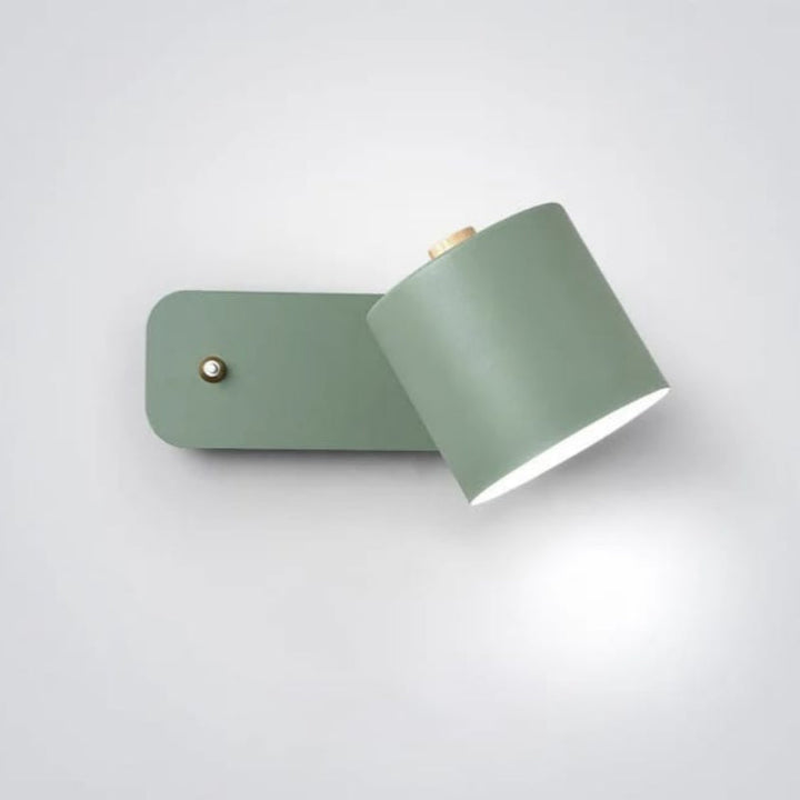 Nordic LED Wall Sconce with switch, sleek design, green color, metal and wood, contemporary lighting, minimalist elegance.