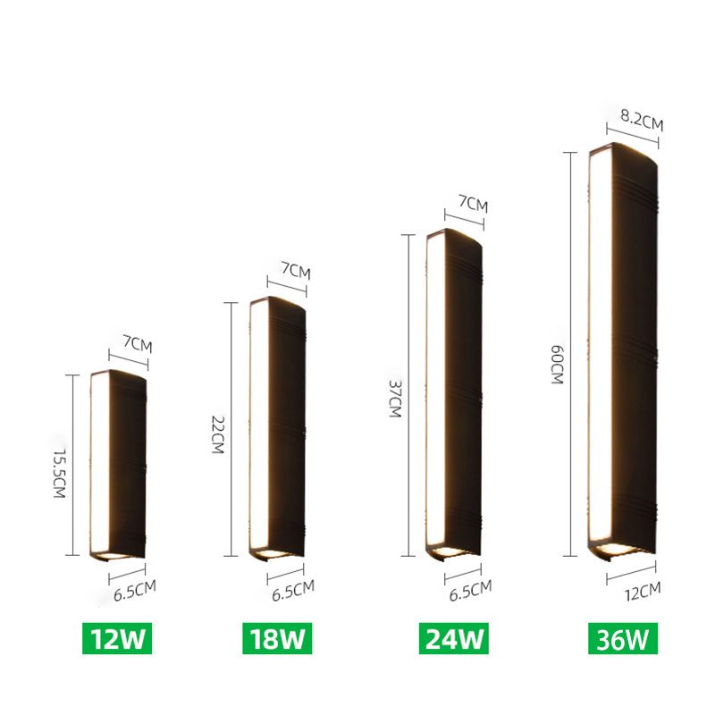 Outdoor wall light with LED technology, rustproof aluminum, sleek design, waterproof, ideal for garden or patio lighting.