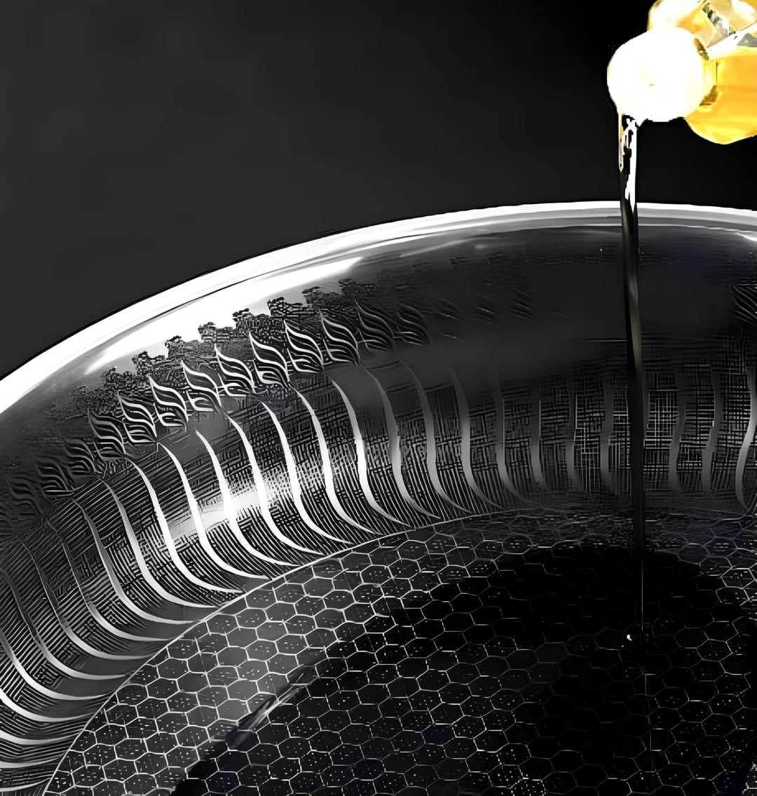 "Premium honeycomb non-stick stainless steel wok, featuring ergonomic handles and unique heat-conductive pattern."