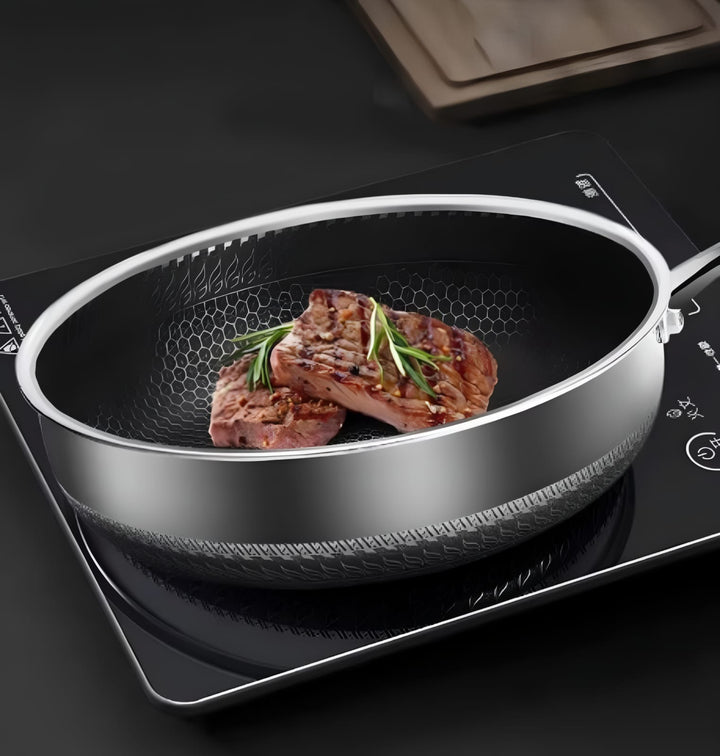 "Premium honeycomb non-stick stainless steel wok, featuring ergonomic handles and unique heat-conductive pattern."