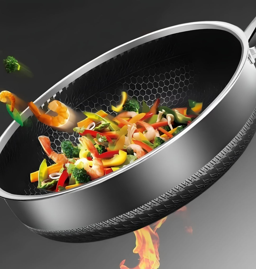 "Premium honeycomb non-stick stainless steel wok, featuring ergonomic handles and unique heat-conductive pattern."