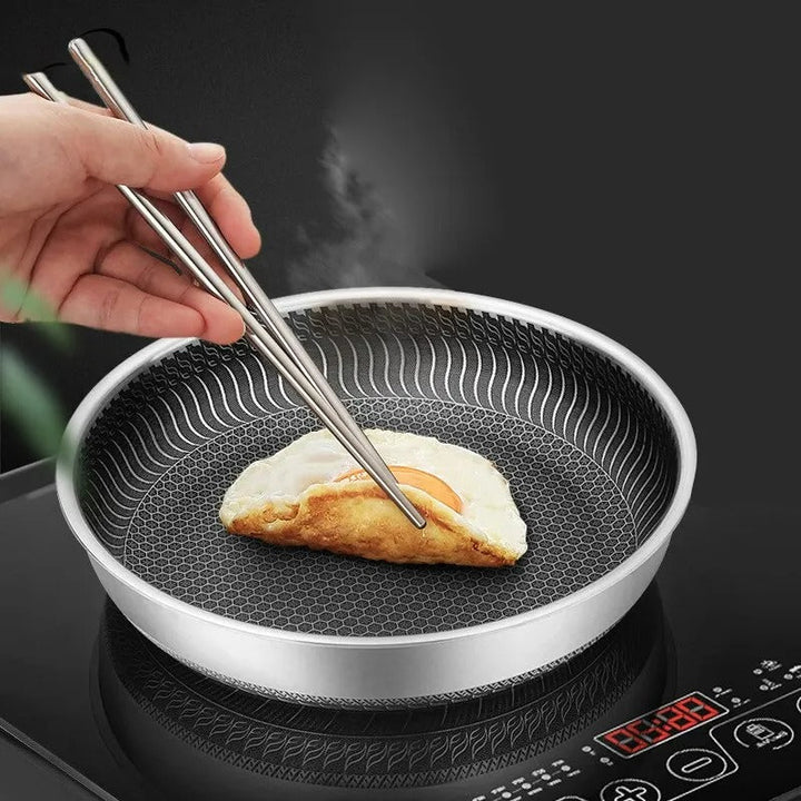 "Premium honeycomb non-stick stainless steel wok, featuring ergonomic handles and unique heat-conductive pattern."