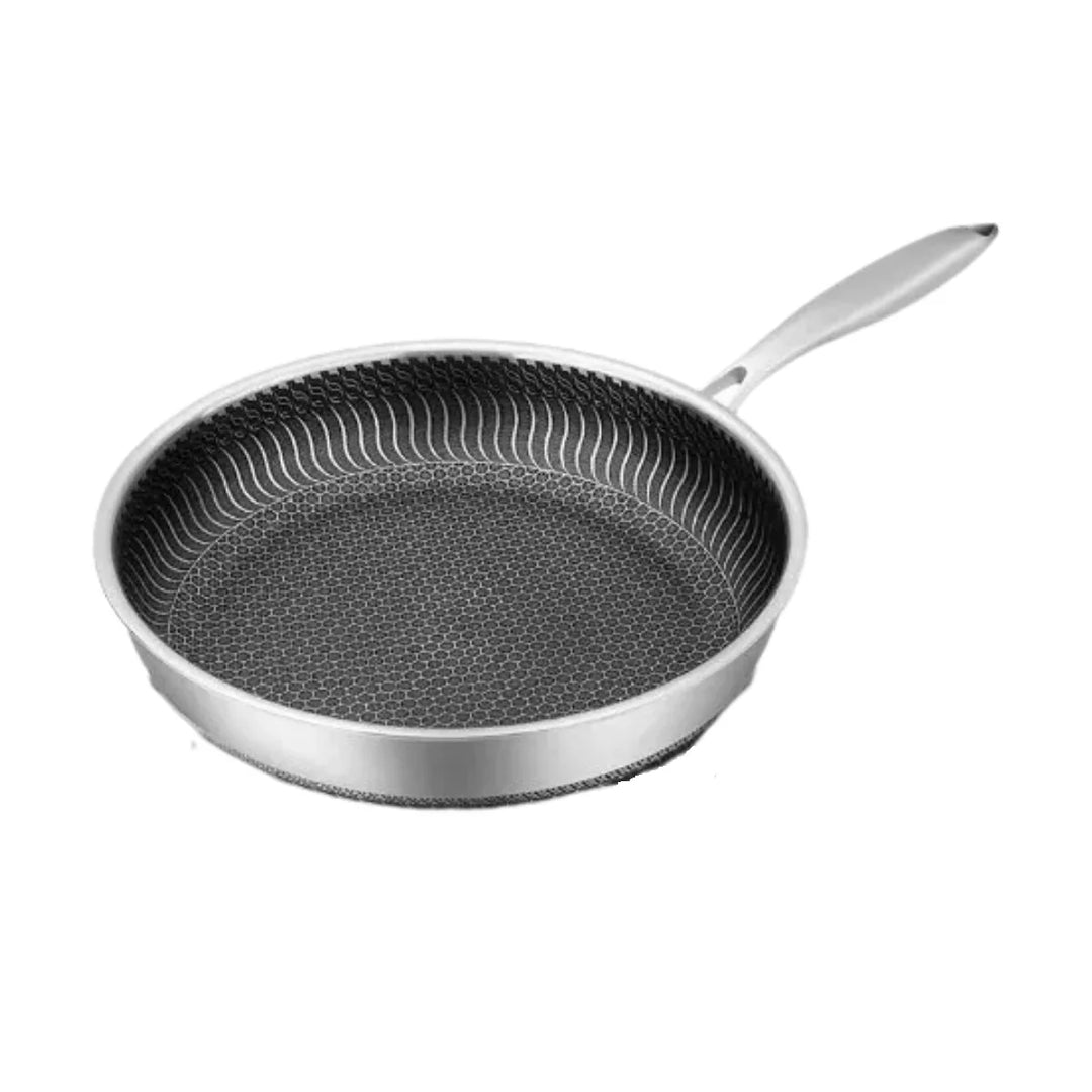 "Premium honeycomb non-stick stainless steel wok, featuring ergonomic handles and unique heat-conductive pattern."