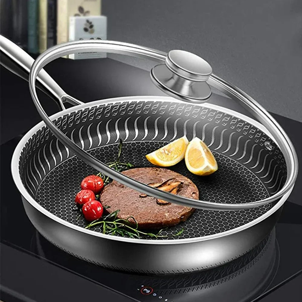 "Premium honeycomb non-stick stainless steel wok, featuring ergonomic handles and unique heat-conductive pattern."