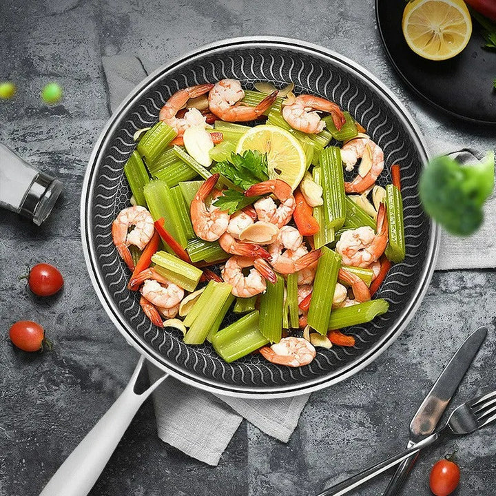 "Premium honeycomb non-stick stainless steel wok, featuring ergonomic handles and unique heat-conductive pattern."