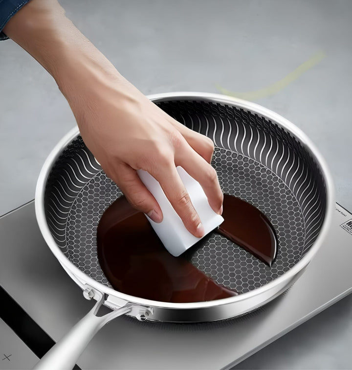 "Premium honeycomb non-stick stainless steel wok, featuring ergonomic handles and unique heat-conductive pattern."