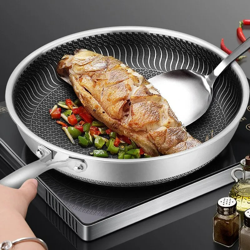 "Premium honeycomb non-stick stainless steel wok, featuring ergonomic handles and unique heat-conductive pattern."