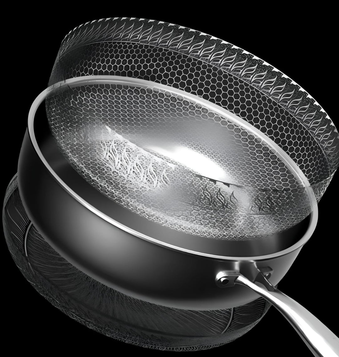 "Premium honeycomb non-stick stainless steel wok, featuring ergonomic handles and unique heat-conductive pattern."