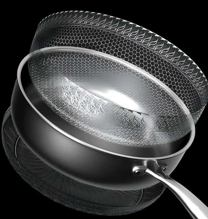 "Premium honeycomb non-stick stainless steel wok, featuring ergonomic handles and unique heat-conductive pattern."