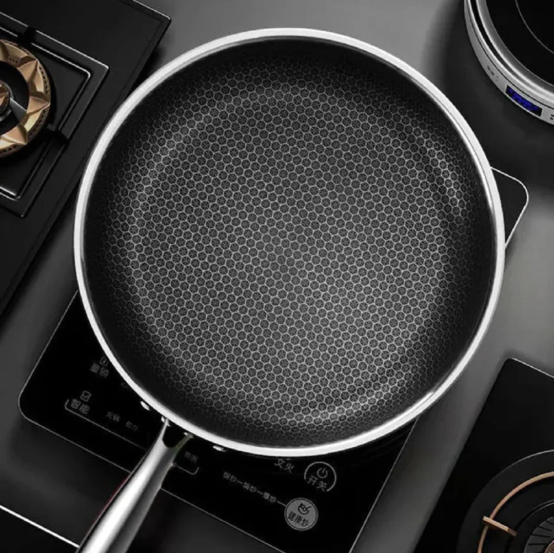 "Premium honeycomb non-stick stainless steel wok, featuring ergonomic handles and unique heat-conductive pattern."