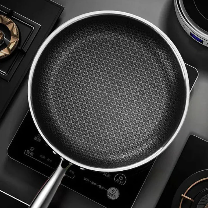 "Premium honeycomb non-stick stainless steel wok, featuring ergonomic handles and unique heat-conductive pattern."