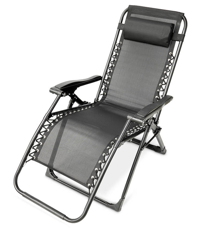 "Premium zero gravity folding chair with headrest, ergonomic design, black fabric, foldable, perfect for outdoor relaxation."