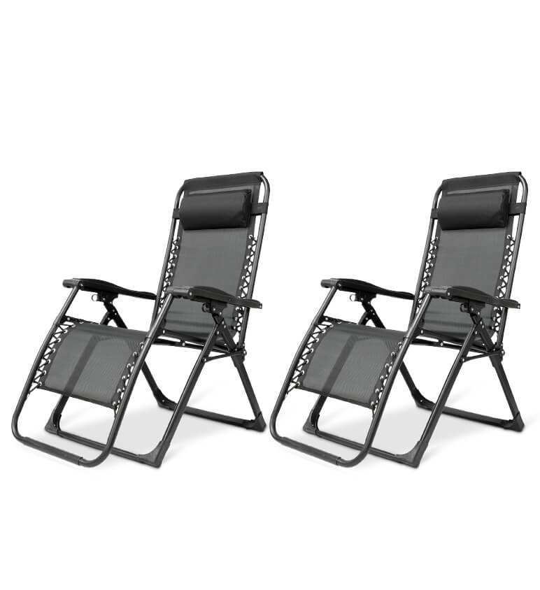 "Premium zero gravity folding chair with headrest, ergonomic design, black fabric, foldable, perfect for outdoor relaxation."