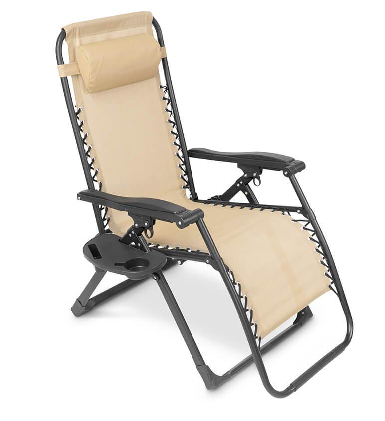 "Premium zero gravity folding chair with headrest, ergonomic design, black fabric, foldable, perfect for outdoor relaxation."