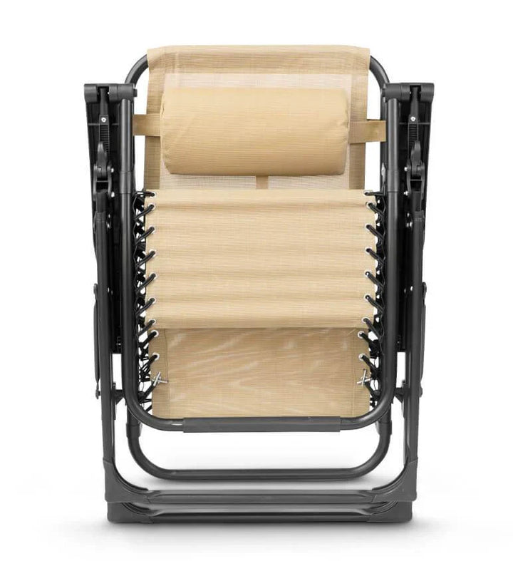 "Premium zero gravity folding chair with headrest, ergonomic design, black fabric, foldable, perfect for outdoor relaxation."