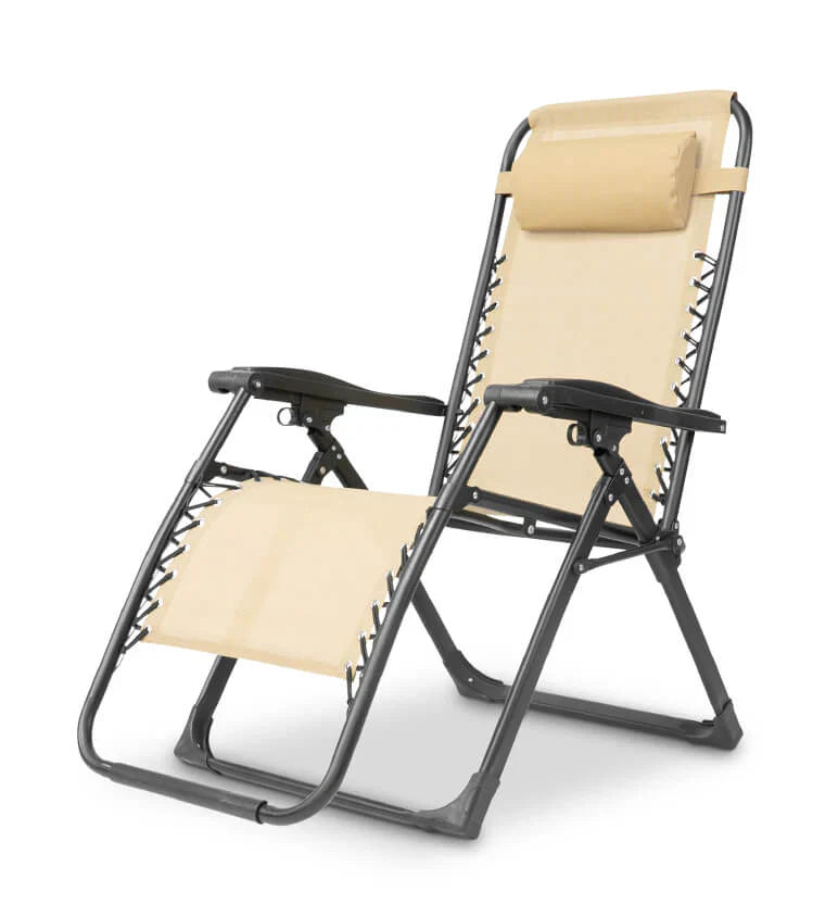 "Premium zero gravity folding chair with headrest, ergonomic design, black fabric, foldable, perfect for outdoor relaxation."