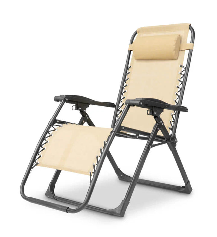 "Premium zero gravity folding chair with headrest, ergonomic design, black fabric, foldable, perfect for outdoor relaxation."