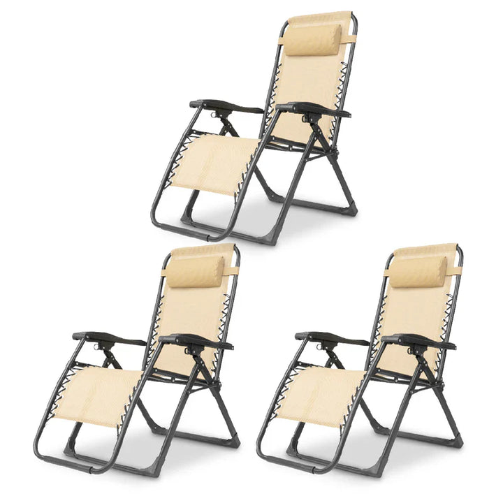 "Premium zero gravity folding chair with headrest, ergonomic design, black fabric, foldable, perfect for outdoor relaxation."